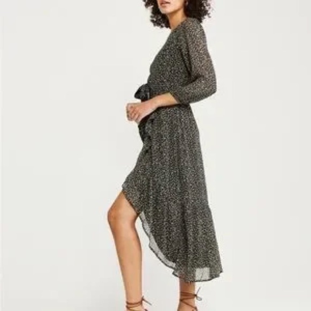 Abercrombie & Fitch Ruffle Hem Faux Wrap Midi Dress High Low w/ Scrunchie Sz M - Picture 2 of 10